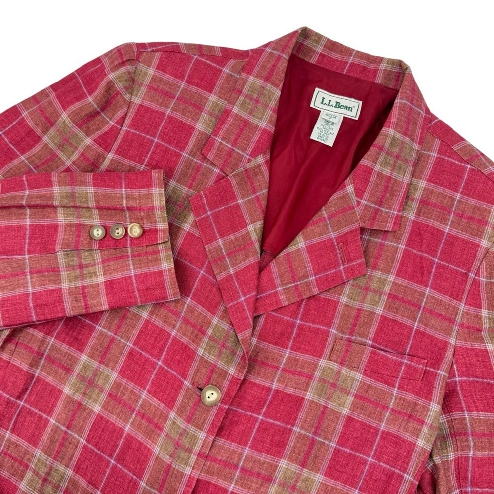 LL Bean Womens 12 Blazer Red Plaid 100% Linen Lined Three Button Jacket Classic